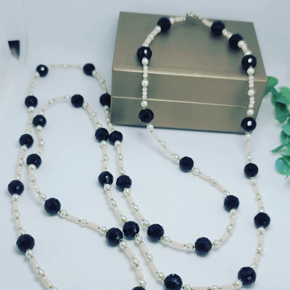 Faceted Black Onyx, Freshwater Pearl and Czech glass long necklace